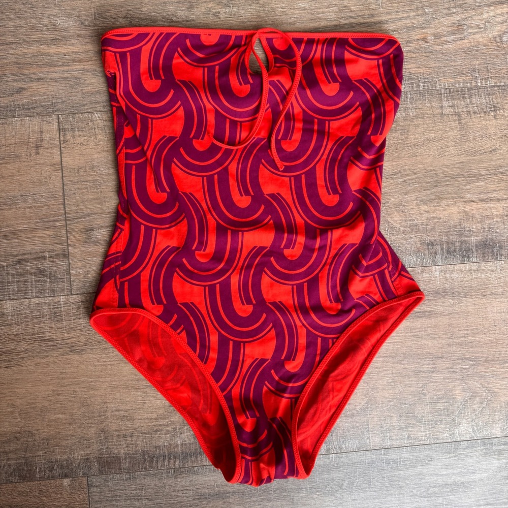 Eres France Red Purple Geometric Swirl Bandeau One Piece Swimsuit US 8 FR 40